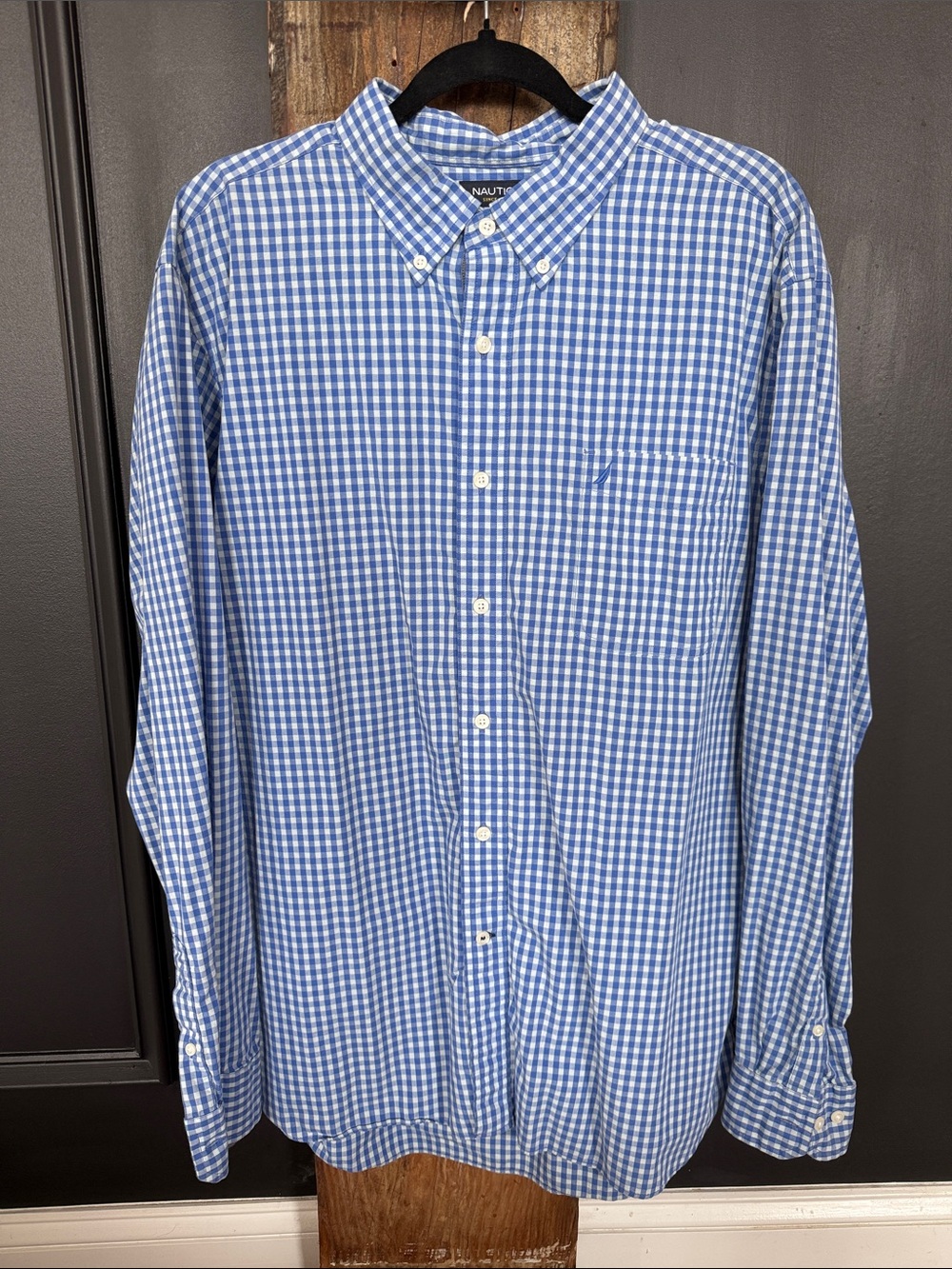 Nautica Men's Light Blue and White Gingham Button-Down Shirt